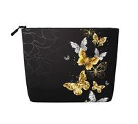 ZhRiYan Purple Black Goth Spooky Print Fake Hemp Makeup Bag - Reusable Cosmetic Organizer, Daily Storage, Business Trip Essential, Gold White Butterflies Black, One size