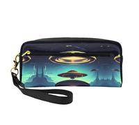 ZhRiYan Spacecraft descend Print Leather Small Makeup Bag – Travel Toiletry Bag for Women, Reusable Cosmetic Pouch with Zipper, Black, One Size, Black, One Size