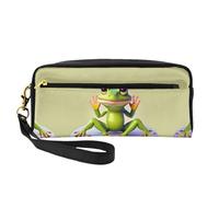 ZhRiYan The funny frog doing yoga Print Leather Small Makeup Bag â€“ Travel Toiletry Bag for Women, Reusable Cosmetic Pouch with Zipper, Black, One Size, Black, One Size