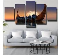 ZHRMGHG 5 Pieces Of Canvas Printing Wall Ship Viking Pirate Ship Moon Modern Decorative Artwork Hand Huge Painted Canvas Part Panels Completely Framed