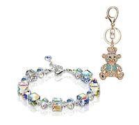 ZHSH Cute Bling Crystal Animal Keyring with 1 Pcs Sugar Cube Rhinestone Bracelet, Charm Bear Poodle Elephant Pendant (C2)