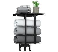 ZHSHX Towel Rack for Bathroom, Wall Mounted Towel Storage for Rolled Towels 41cm, Steel Towel Holder with Top Shelf and 3 Hooks for Large Towels,Small Towels, Hand Towels, RV Camper, Black