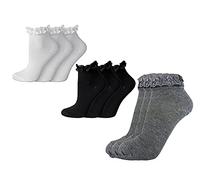 Zhu Girls Lace Socks, Children's Cotton Rich Trainer Frilly Ankle School Socks Black Navy Grey White 6 Pairs (Black, 12-3 (7-12 Years))