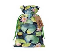 Zhuanyun Black Lily Pads print Large Christmas bag, reusable drawstring linen packet, Birthday Parties Supplies