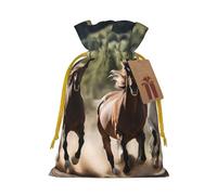 Zhuanyun Three running horses print Large Christmas bag, reusable drawstring linen packet, Birthday Parties Supplies