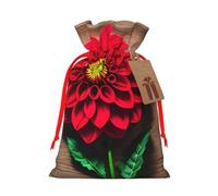 Zhuanyun Wooden Board Retro Flower Red Dahlia print Large Christmas bag, reusable drawstring linen packet, Birthday Parties Supplies