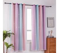 ZHUHAN Ombre Rainbow Blackout Curtains for Kid Girls Bedroom Living Room Darking Stripe Double Layer Star Cut Out Wall Home Decor Gradient Grommet Window Curtains (Pink Purple 52W x 95L