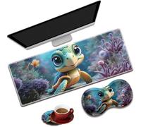 ZHUHEHEAH Large Gaming Table Pad 31.5"x11.8" Cute Baby Sea Turtle Pattern 3-in-1 Set with Ergonomic Memory Foam Wrist Pad & Coaster, Non-Slip Base, Typing & Wrist Pain Relief