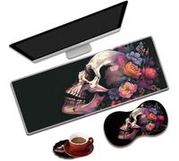 ZHUHEHEAH Large Gaming Table Pad 31.5"x11.8" Skull Flower Pattern 3-in-1 Set with Ergonomic Memory Foam Wrist Pad & Coaster, Non-Slip Base, Typing & Wrist Pain Relief