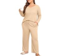 ZHUHOUSE Women's Plus Size 2 Piece Pajama Lounge Sets Knit Outfits Long Sleeve V Neck Tops Wide Leg Pants with Pockets(Khaki,4X-Large)