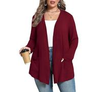 ZHUHOUSE Women's Plus Size Lightweight Long Sleeve Casual Soft Open Front Cardigan Cover ups with Pockets(Wine Red,3X-Large)