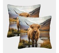 ZHUICHENG 3D Printed Highland Cattle Square Pillowcases Cow Square Throw Pillow Decorative Super Soft Pack of 2 for Sofa Couch Bed 45x45cm