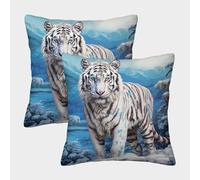 ZHUICHENG 3D Printed White Tiger Square Pillowcases Wild Animal Theme Square Throw Pillow Garden Cushion Super Soft Pack of 2 for Patio,Couch, Tent, Balcony And Sofa 50x50cm