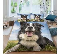 ZHUICHENG Cute Border Collie Dog Bedding Set 3 Piece Duvet Cover Set with Zipper Closure,3D Printed Bed Comforter Cover Luxury Quality Reversible Quilt Cover Boys Girls Easy Care Double（200x200cm）