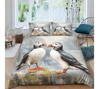 ZHUICHENG Puffin Reversible 3 Piece Duvet Cover,3D Bedding Sets,Geometrical Bed Seaside Birds Quilt Covers With Pillow Cases for Kids Adult Teens Theme Comforter Cover Easy Care King（220x240cm）