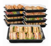 ZhuiGuang 15 Pack Large Sandwich Platter Trays with Lids, Black Plastic Serving Platters for Parties, Buffet Catering, Cake and Sushi, 26.3 x 19.7 x 6.8 cm, Includes 50 Sheets of Baking Paper