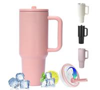 ZHUIYIWIN 40oz Tumbler with Folding Straw and Handle, Water Bottle Coffee Cup Travel Mug for Cold or Hot Drinks, Double Wall Stainless Steel Vacuum Insulated Tumbler with Rubber Bottom, Pink