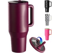 ZHUIYIWIN Tumbler with Folding Straw and Handle, Water Bottle Coffee Cup Travel Mug for Cold or Hot Drinks, Double Wall Stainless Steel Vacuum Insulated Tumbler (Cranberry, 1180 ml)