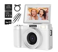 ZHUOFUYXCH 48MP 16X Digital Zoom 4K Digital Camera for Students and Beginners - Ideal Vlogging Camera with 4K Video, 3 Inch 180°Flip Screen, Flash, Anti-Shake, 2 Batteries (White)