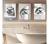 ZHUOYA 3pcs Retro black and white fun animal art poster,bathroom hedgehog Canvas Painting,Creative Wall Art, Birthday present(60X80X3CM/Inner Frame)
