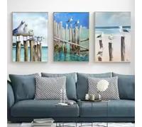 ZHUOYA Beach Seagull Painting Canvas Print Wall Art Poster Bird Animal Coastal Scenery Blue Picture for Living Room Home Decor 80x120cmx3 Frameless