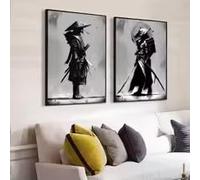 ZHUOYA Black and White Japanese Samurai Portrait Wall Art Jungle Painting Japanese Warrior Canvas Printed Poster Living Room(21x30x2cm/Frameless)