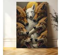 ZHUOYA Canvas Wall Art - Dramatic White Wolf Pack leader painting, Modern Minimalist Wildlife Decor, Nature-Themed Poster(20x30cm/Frameless)