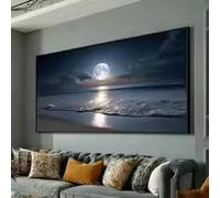ZHUOYA Full Moon Ocean Reflection Canvas, Night Beach Wall Art, Serene Seascape Canvas Print, Tranquil Coastal Decoration(30x50cm/Frameless)