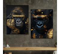 ZHUOYA Gorilla Portrait Gold Prints Canvas Painting Wildlife Animal Wall Poster Modern Gorilla Poster Office Jungle Home Decor 80x120cmx2 Frameless