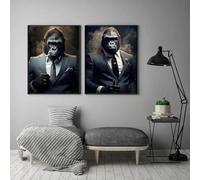 ZHUOYA Holding A Glass Of Wine Monkey Gorilla Abstract Smoking Wall Art Poster Print Animal Decor living Room Art Canvas Painting 50x70cmx2 Frameless