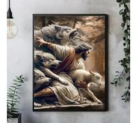 ZHUOYA Jesus Christ Protect Flock Canvas Print Poster Vintage Wolf Sheep Art Prints Living Room Bedroom Wall Art Decor Poster(40x60cm/Canvas wrap)