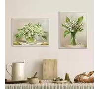 ZHUOYA Lilies of the Valley in a Glass Vase Painting Canvas Poster Print Fresh Light Green Flower Pictures Room Wall Art Decor 30x50cmx2 Frameless
