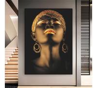 ZHUOYA Modern African Black Women Glitter Wall Art Gold Lip Earrings Headdress HD Oil On Canvas Posters And Prints Home Decor 30x60cm Frameless