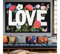 ZHUOYA Modern Art Colorful Flowers And White Letters Visual Contrast Posters Romantic Warm Atmosphere Love Canvas Painting Decor(50x100cm/Frameless)