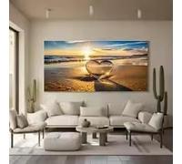 ZHUOYA Oversized Beach Sunset with Heart Reflection Heart-shaped Canvas Print Golden Beige Blue Coast Wall Posters for Home Decor(60x90cm/Inner Frame)