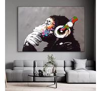 ZHUOYA Street Graffiti Monkey With Headphones Wall Art Poster Modern Abstract Orangutan Decor Canvas Painting Room Prints Murals(70x90cm/Canvas wrap)