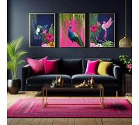 ZHUOYA Vibrant Tropical Maximalist Bird Print Set Dark Blue Hummingbirds & Hot Pink Peacock Jungle Print Set Exotic Bird Print(50 * 70x3cm/Frameless)