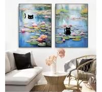 ZHUOYA Vintage Cat Art Poster Pond with Water Lilies Prints Wall Art Black Cat Canvas Painting Wall Art Bedroom Decorative 60x90cmx2 Frameless