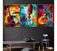 ZHUOYA Vintage Music Theme Canvas Wall Art - Wrapped Canvas Abstract Guitar, Drum and Microphone Prints For Bedroom, Living Room 80x120cmx3 Frameless