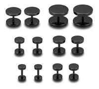 ZhuPu 6 Pairs Black Stud Earrings, Stainless Steel Screw Backs, Round Ear Plugs for Men and Women Fashion