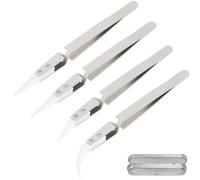 ZHUROUPU 4 Pcs Reverse Tweezers, Precision Ceramic Stainless Steel ESD Tweezers Non-Conductive Heat Resistant Anti-Magnetic Pointed & Curved Tip Tweezer for Solder, Pinching Coils, Electronic (Silver)