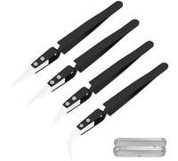 ZHUROUPU 4 Pcs Reverse Tweezers, Precision Ceramic Stainless Steel ESD Tweezers Non-Conductive Heat Resistant Anti-Magnetic Pointed & Curved Tip Tweezer for Solder, Pinching Coils, Electronics (Black)