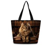 ZhuVantrix Book Maine Coon Tote Bag Reusable Grocery Bags Cute Aesthetic Shopping Shoulder Handbag with Interior Zipper Pocket Stylish Maine Coon Present for Cat Lovers Women