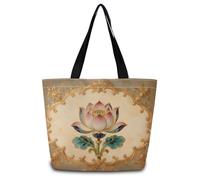 ZhuVantrix Ethnic Lotus Flower Tote Bag Cute Aesthetic Shopping Shoulder Handbag with Interior Zipper Pocket Lightweight & Washable Stylish Chinoiserie Enamel Lotus Flower Present for Women Friends