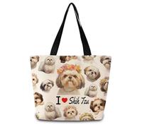 ZhuVantrix I Love Shih Tzu Reusable Grocery Tote Bag | Aesthetic Shopping Shoulder Handbag with Interior Zipper Pocket, I Love Shih Tzu Present for Women Friends