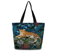 ZhuVantrix Jungle Leopard Reusable Grocery Tote Bag | Aesthetic Shopping Shoulder Handbag with Interior Zipper Pocket, Jungle Leopard Present for Women Friends