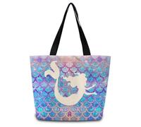 ZhuVantrix Mermaid Tote Bag Cute Aesthetic Shopping Shoulder Handbag with Interior Zipper Pocket Lightweight & Washable Stylish Shiny Fish Scales Present for Women Friends