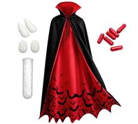 ZhuXIXILiang 5pcs Vampire Costume Set Black Red Hooded Vampire Cloak with Bat Hem & Vampire Teeth & Fangs Small & Artificial Blood for Cosplay Halloween
