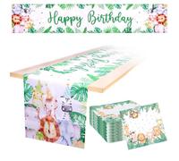 ZHXGO Happy Birthday Table Runner, 35 × 180 cm, White, Polyester, Floral Pattern, Classic Style, Machine Washable, 33 × 33 cm, 20pcs Birthday Paper Napkin