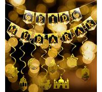 zhxinashu Eid Mubarak Decorations, Eid Mubarak Banner, Simplicity Black Gold Star Moon Ramadan Decoration Set, Hanging Decorations for Ramadan Party, Muslim Celebrations(Style B)